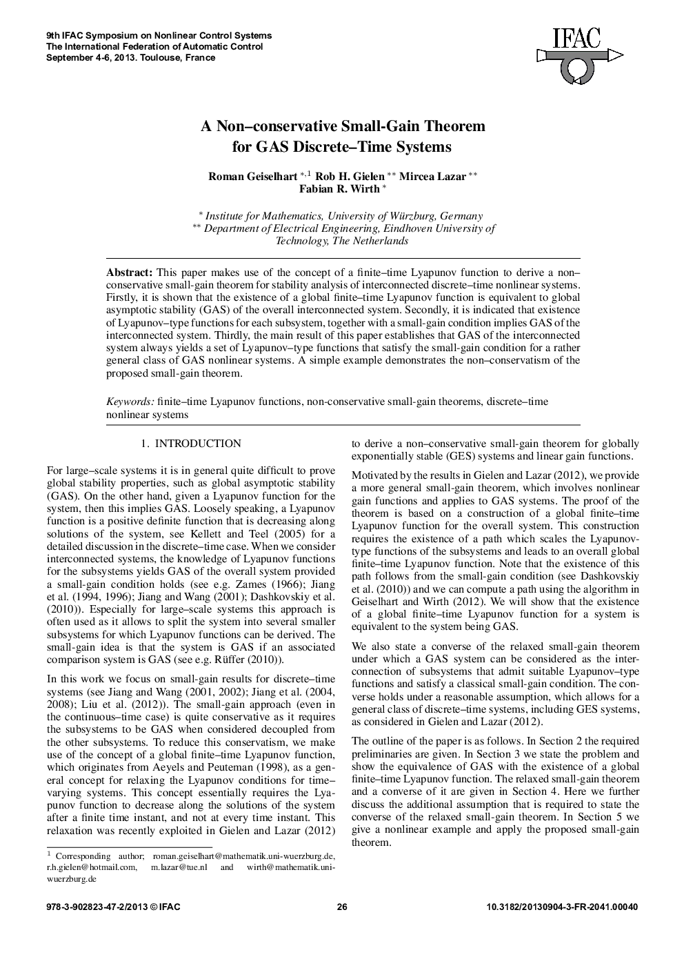 عکس صفحه اول مقاله: A Non–conservative Small-Gain Theorem for GAS Discrete–Time Systems A Non–conservative Small-Gain Theorem for GAS Discrete–Time Systems