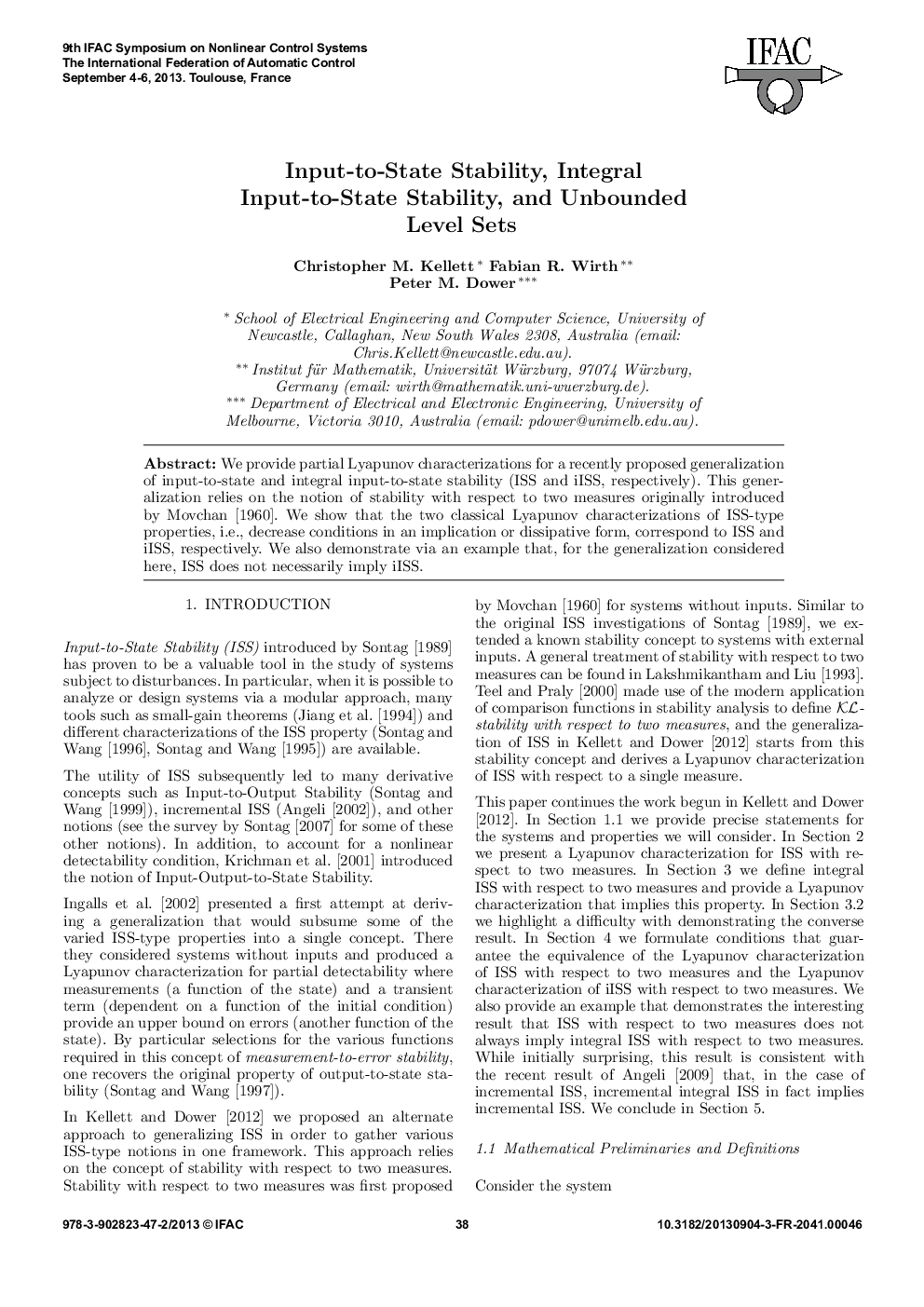 عکس صفحه اول مقاله: Input-to-State Stability, Integral Input-to-State Stability, and Unbounded Level Sets Input-to-State Stability, Integral Input-to-State Stability, and Unbounded Level Sets