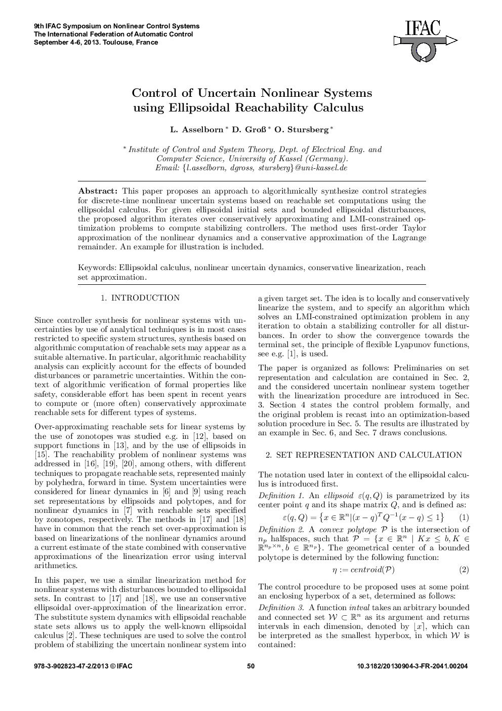 Control of Uncertain Nonlinear Systems using Ellipsoidal Reachability Calculus
