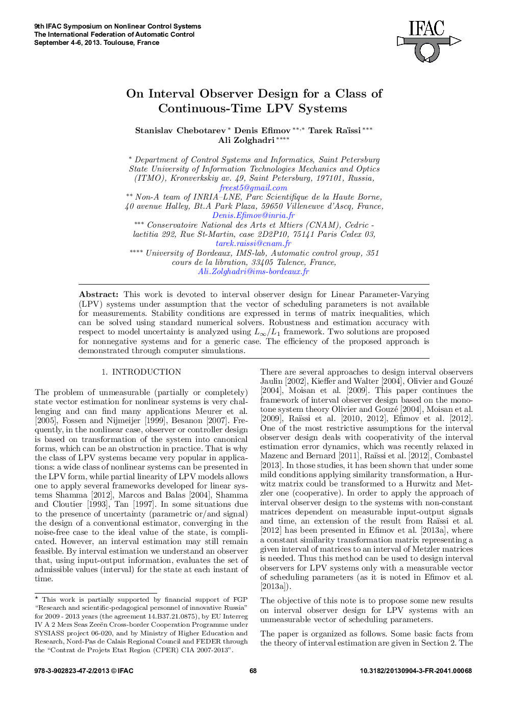 عکس صفحه اول مقاله: On Interval Observer Design for a Class of Continuous-Time LPV Systems On Interval Observer Design for a Class of Continuous-Time LPV Systems