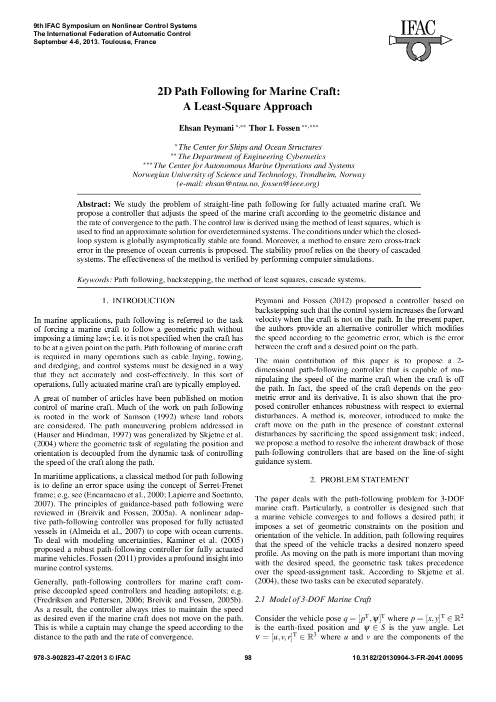 عکس صفحه اول مقاله: 2D Path Following for Marine Craft: A Least-Square Approach 2D Path Following for Marine Craft: A Least-Square Approach