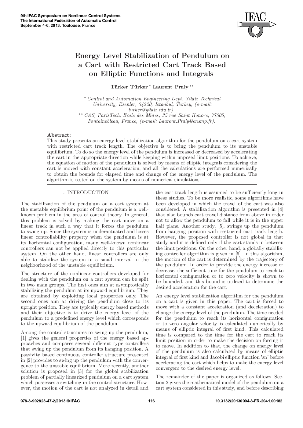 عکس صفحه اول مقاله: Energy Level Stabilization of Pendulum on a Cart with Restricted Cart Track Based on Elliptic Functions and Integrals Energy Level Stabilization of Pendulum on a Cart with Restricted Cart Track Based on Elliptic Functions and Integrals