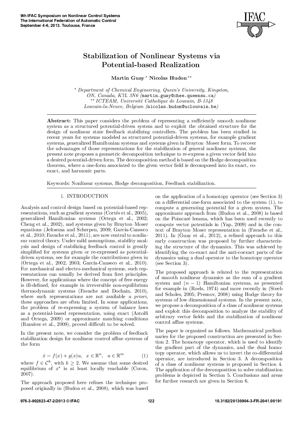 عکس صفحه اول مقاله: Stabilization of Nonlinear Systems via Potential-based Realization Stabilization of Nonlinear Systems via Potential-based Realization