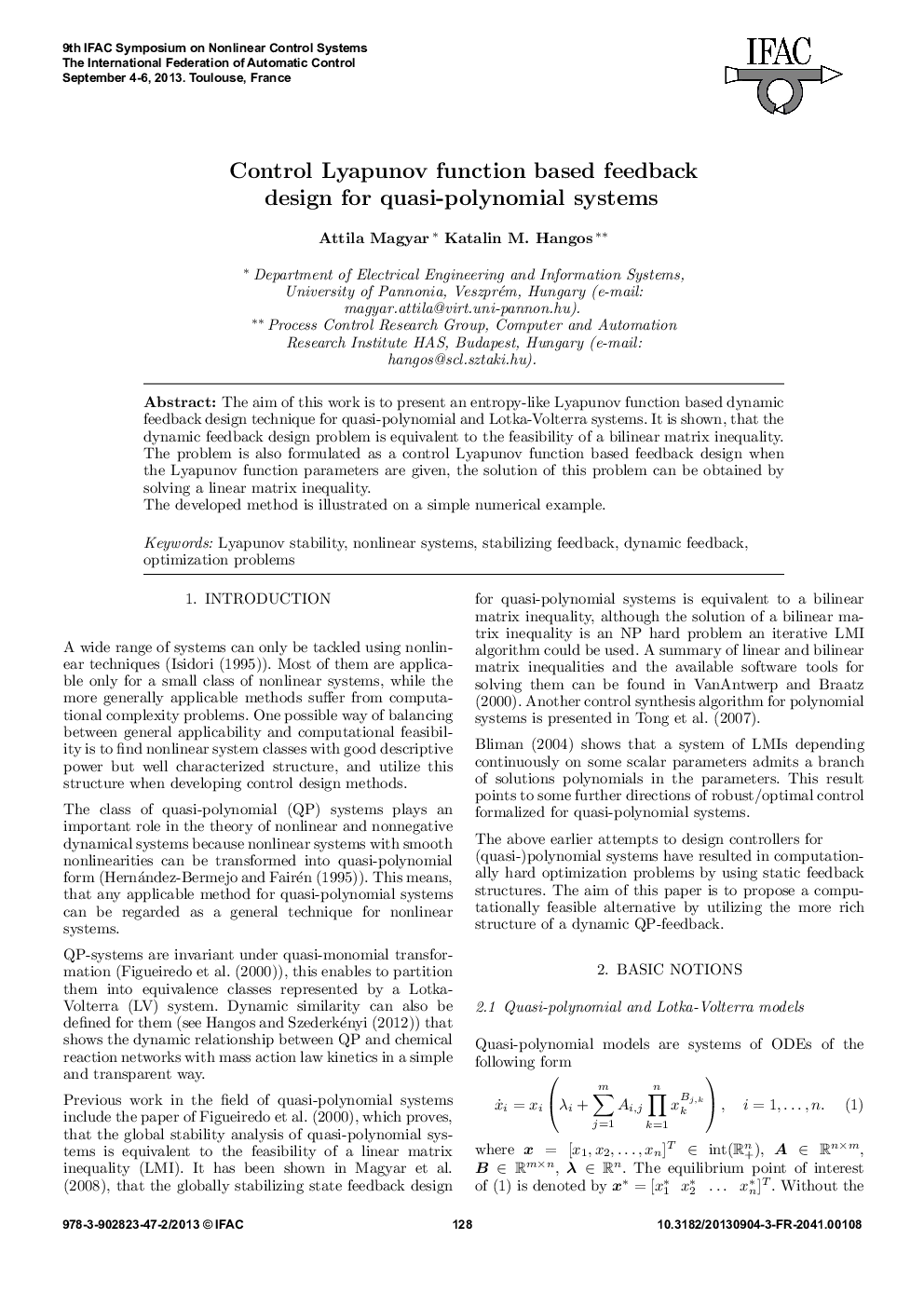 عکس صفحه اول مقاله: Control Lyapunov function based feedback design for quasi-polynomial systems Control Lyapunov function based feedback design for quasi-polynomial systems