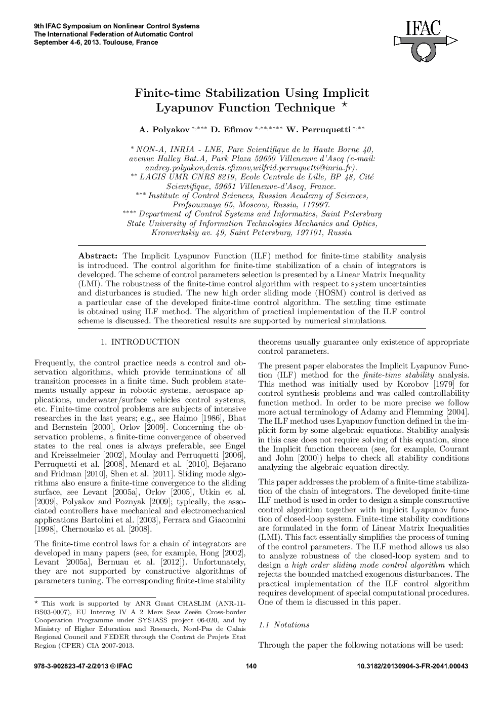 عکس صفحه اول مقاله: Finite-time Stabilization Using Implicit Lyapunov Function Technique Finite-time Stabilization Using Implicit Lyapunov Function Technique