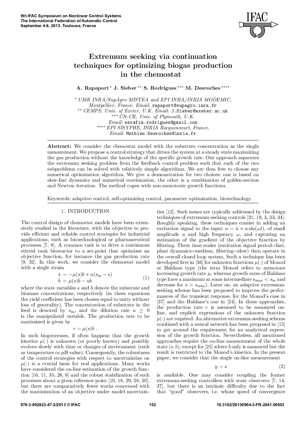 عکس صفحه اول مقاله: Extremum seeking via continuation techniques for optimizing biogas production in the chemostat Extremum seeking via continuation techniques for optimizing biogas production in the chemostat