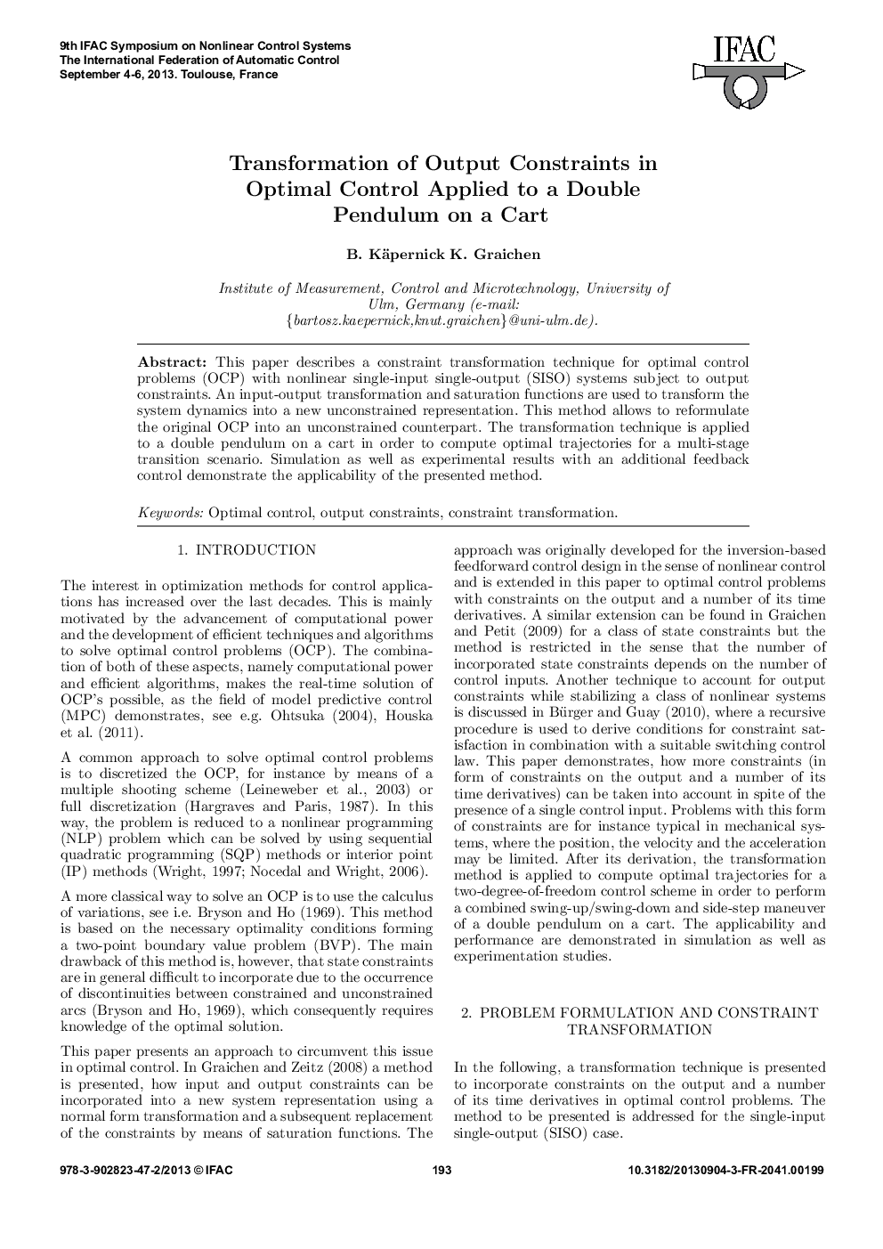 عکس صفحه اول مقاله: Transformation of Output Constraints in Optimal Control Applied to a Double Pendulum on a Cart Transformation of Output Constraints in Optimal Control Applied to a Double Pendulum on a Cart