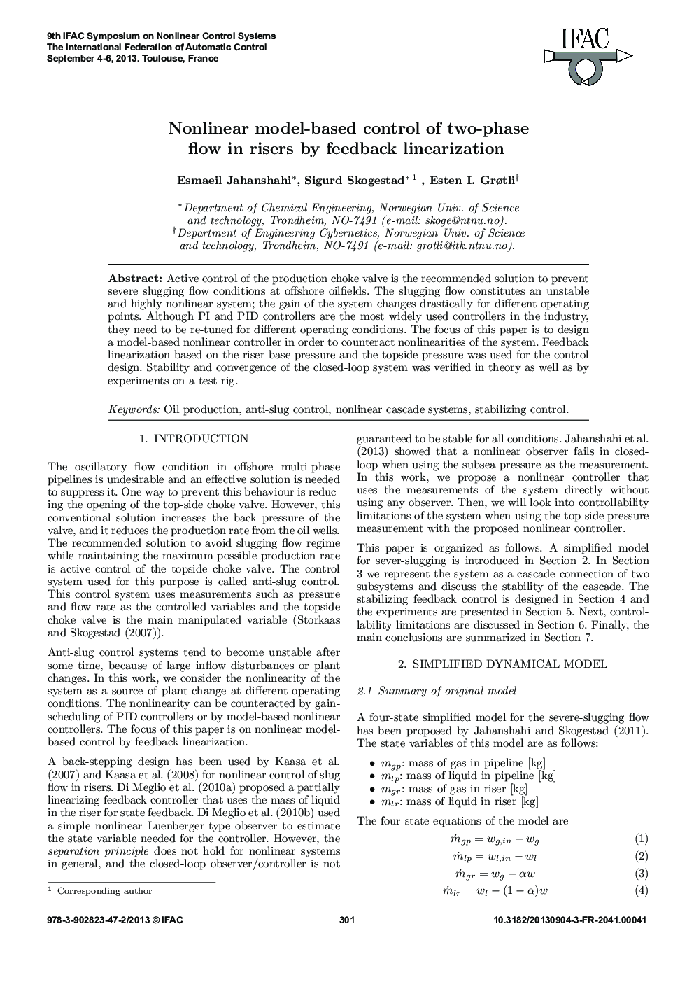 عکس صفحه اول مقاله: Nonlinear model-based control of two-phase flow in risers by feedback linearization Nonlinear model-based control of two-phase flow in risers by feedback linearization
