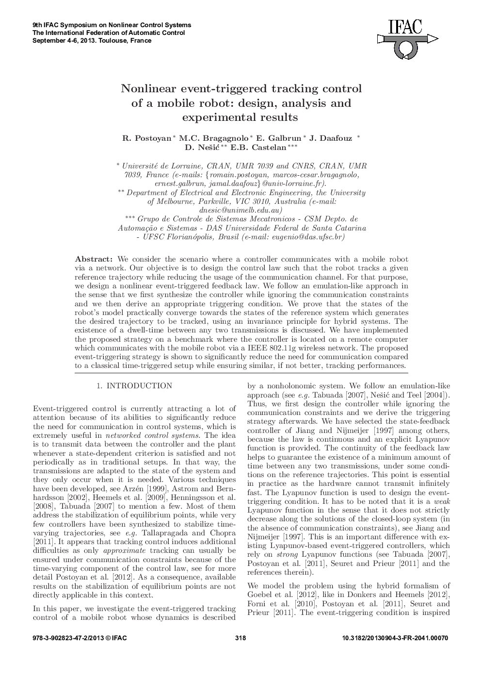 عکس صفحه اول مقاله: Nonlinear event-triggered tracking control of a mobile robot: design, analysis and experimental results Nonlinear event-triggered tracking control of a mobile robot: design, analysis and experimental results