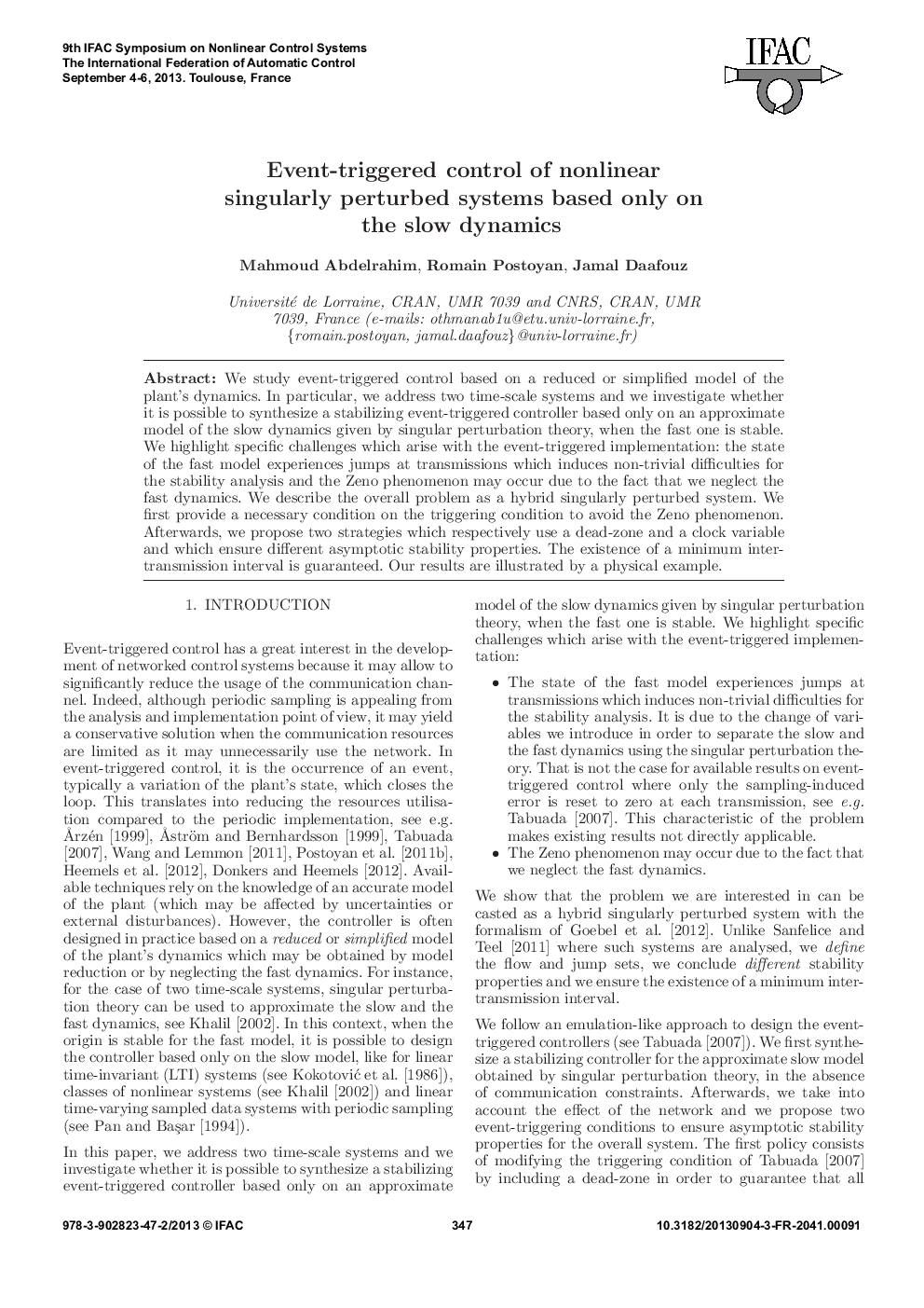 عکس صفحه اول مقاله: Event-triggered control of nonlinear singularly perturbed systems based only on the slow dynamics Event-triggered control of nonlinear singularly perturbed systems based only on the slow dynamics