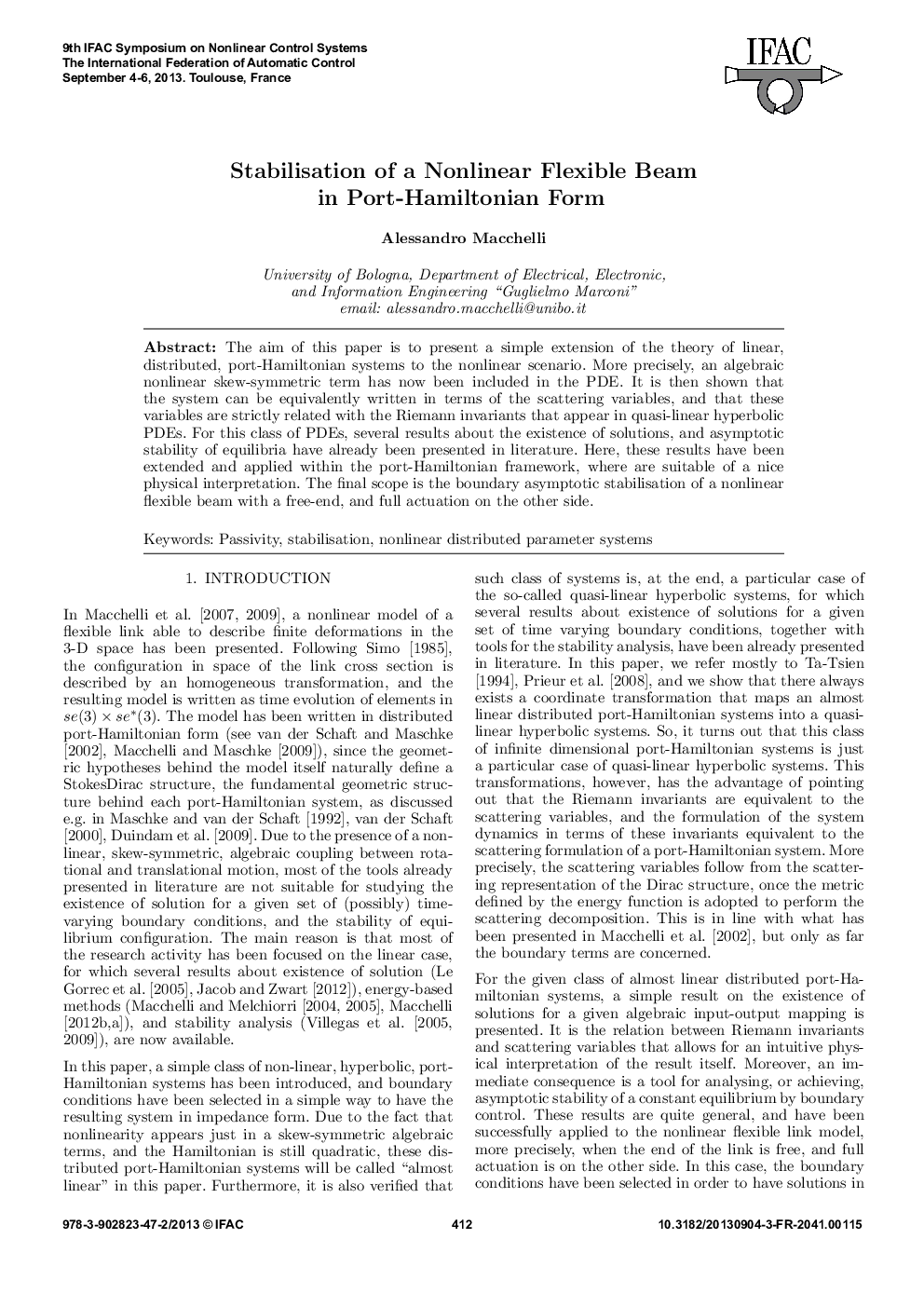 عکس صفحه اول مقاله: Stabilisation of a Nonlinear Flexible Beam in Port-Hamiltonian Form Stabilisation of a Nonlinear Flexible Beam in Port-Hamiltonian Form