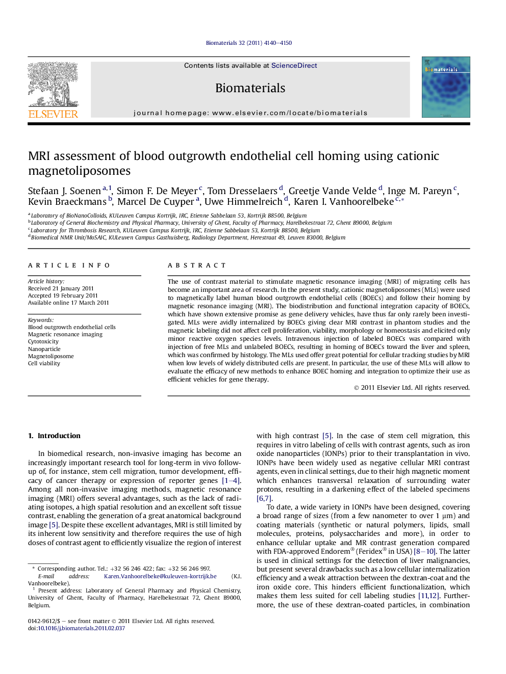 MRI assessment of blood outgrowth endothelial cell homing using cationic magnetoliposomes