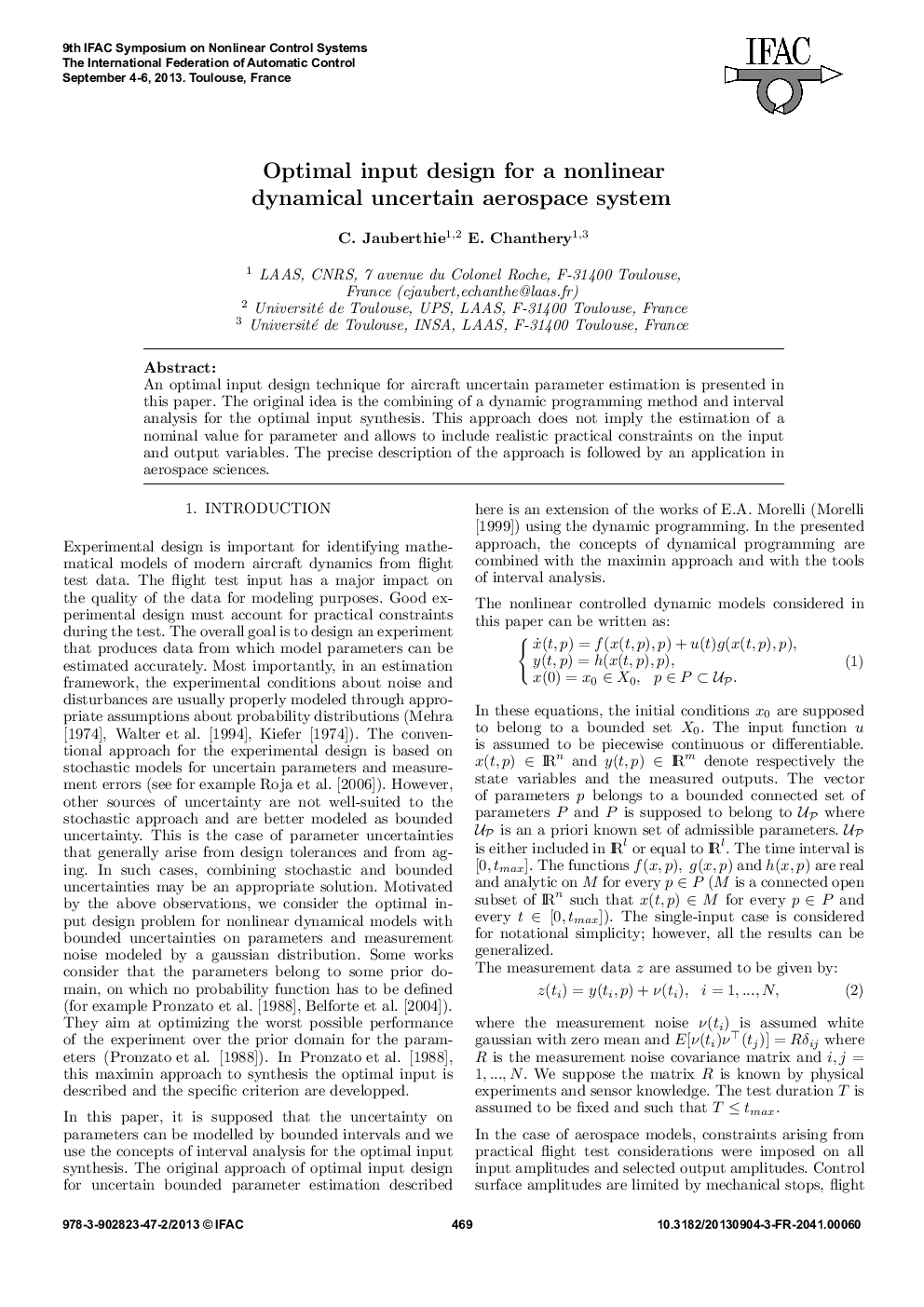 Optimal input design for a nonlinear dynamical uncertain aerospace system
