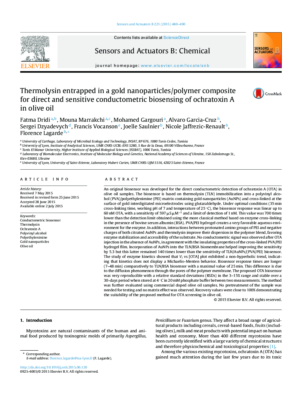 Thermolysin entrapped in a gold nanoparticles/polymer composite for direct and sensitive conductometric biosensing of ochratoxin A in olive oil