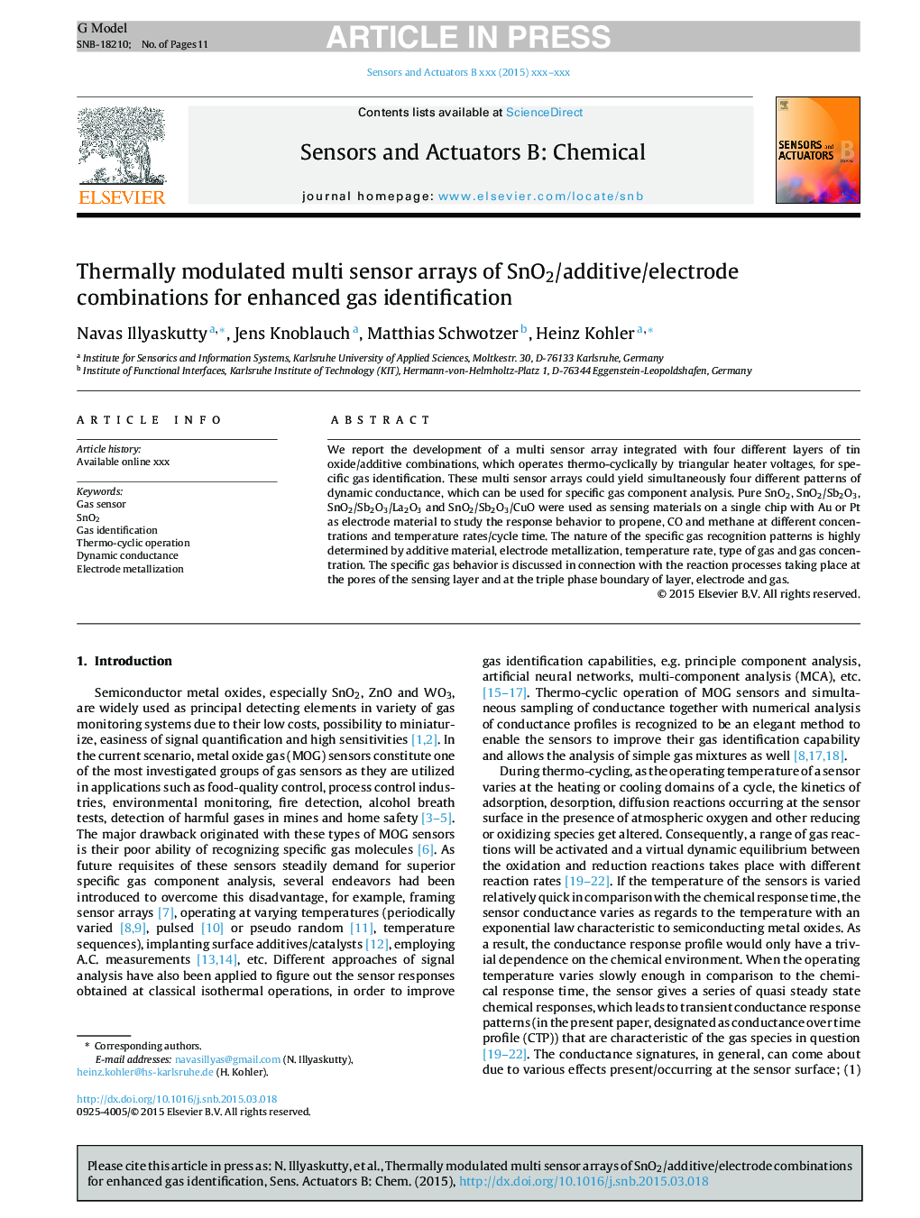 Thermally modulated multi sensor arrays of SnO2/additive/electrode combinations for enhanced gas identification