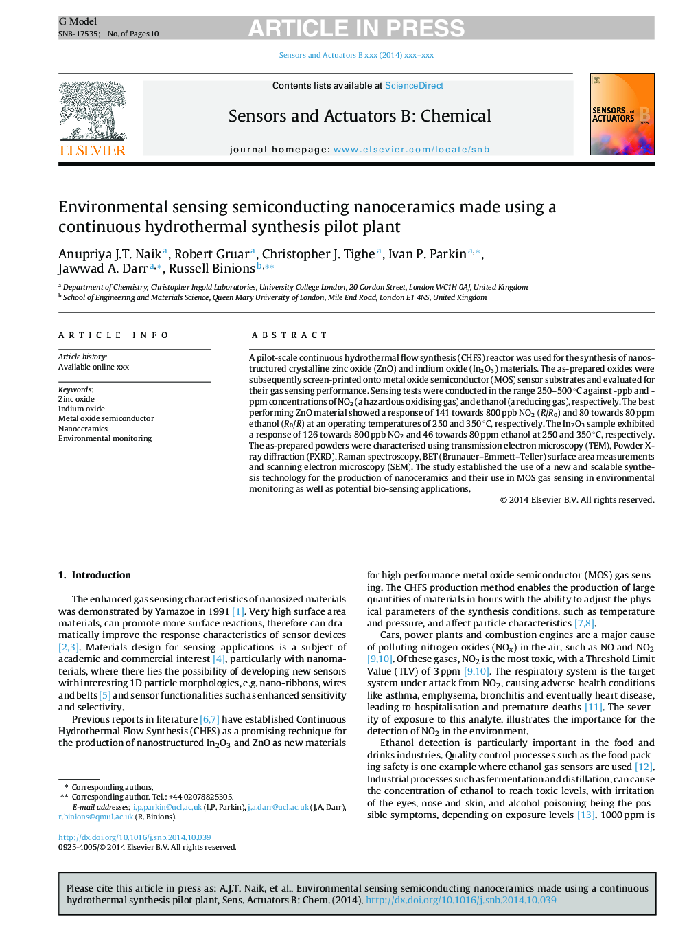 Environmental sensing semiconducting nanoceramics made using a continuous hydrothermal synthesis pilot plant