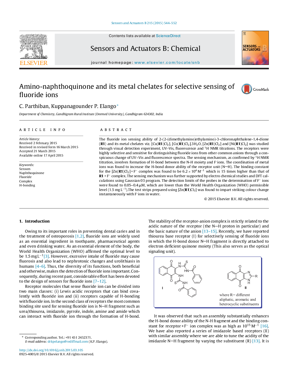 Amino-naphthoquinone and its metal chelates for selective sensing of fluoride ions