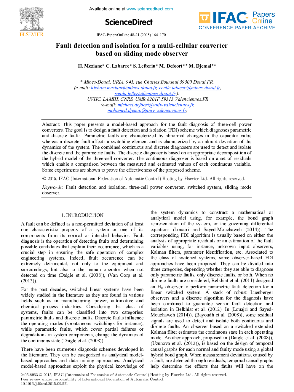 Fault detection and isolation for a multi-cellular converter based on sliding mode observer