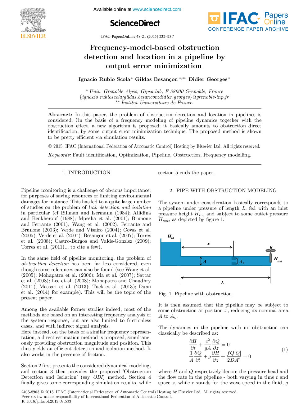 Frequency-model-based obstruction detection and location in a pipeline by output error minimization