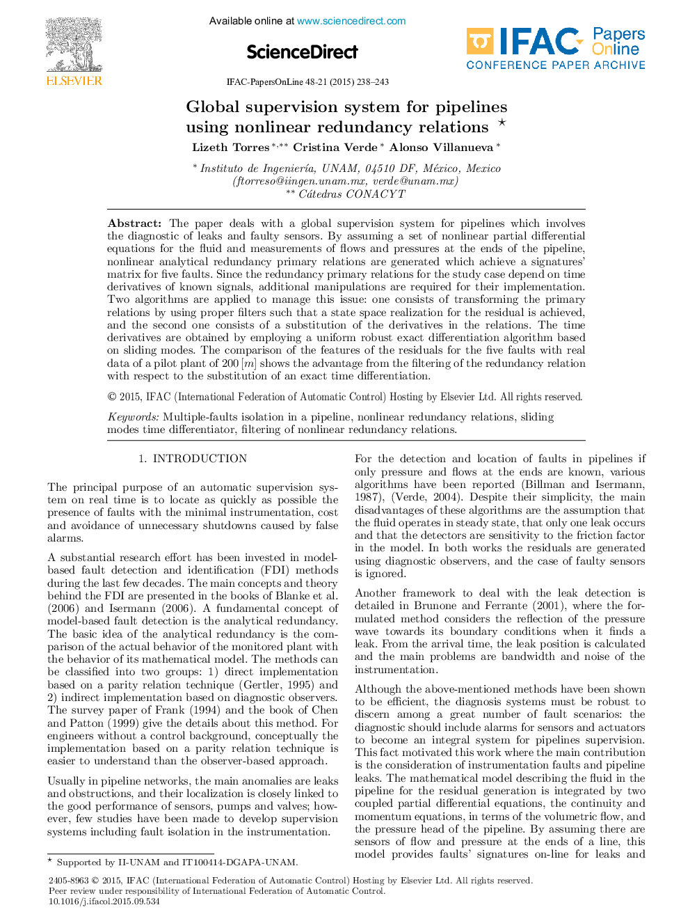 Global supervision system for pipelines using nonlinear redundancy relations★