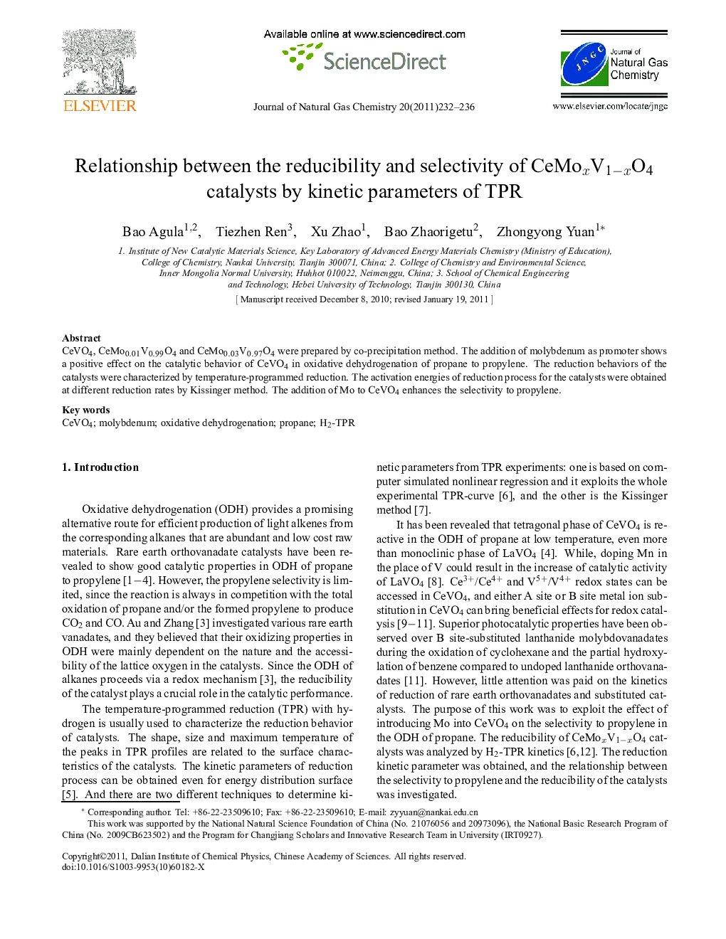 Relationship between the reducibility and selectivity of CeMox V1-xO4 catalysts by kinetic parameters of TPR 