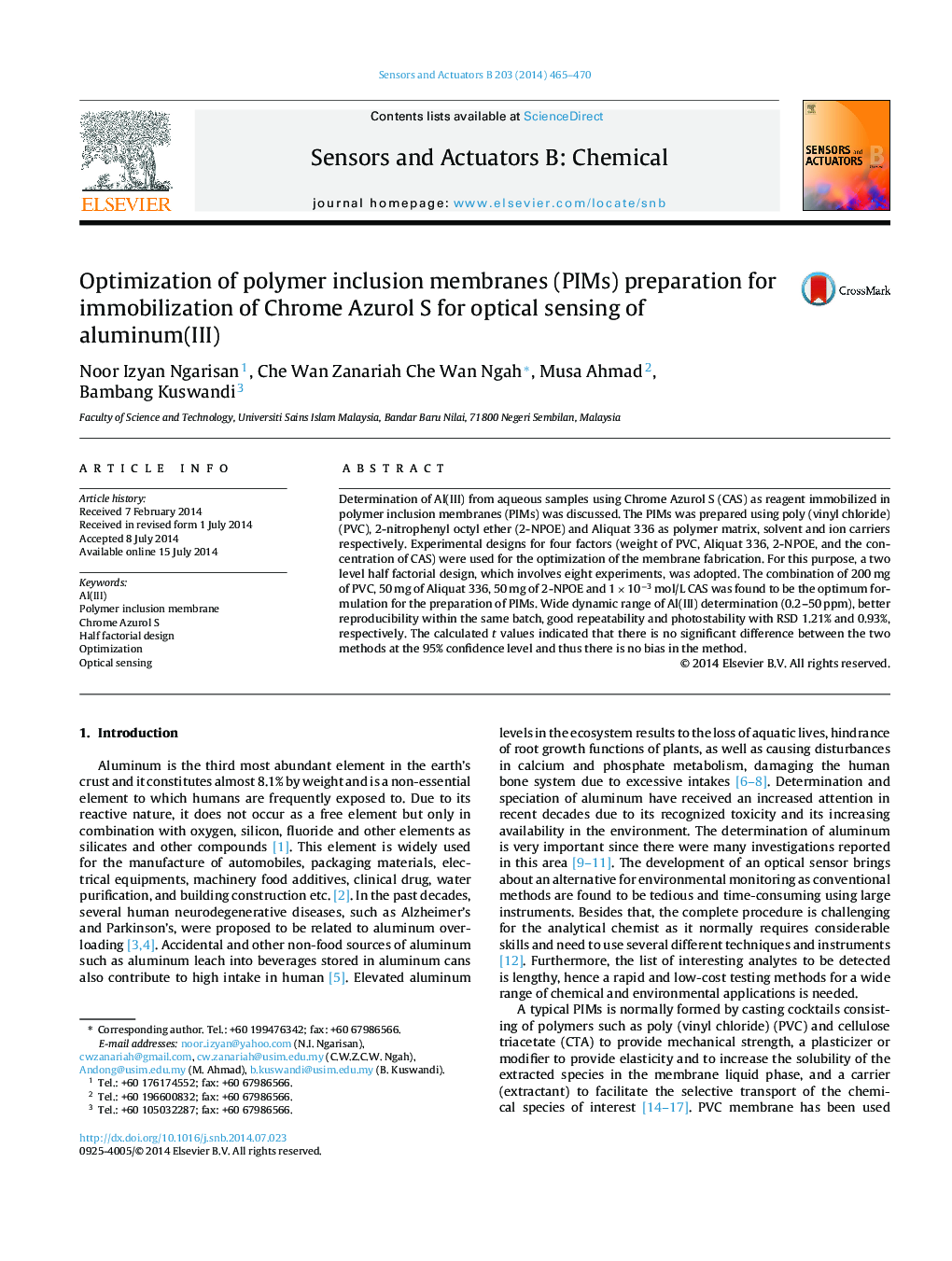 Optimization of polymer inclusion membranes (PIMs) preparation for immobilization of Chrome Azurol S for optical sensing of aluminum(III)