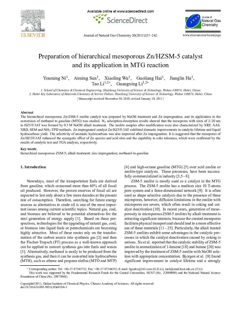 Preparation of hierarchical mesoporous Zn/HZSM-5 catalyst and its application in MTG reaction 