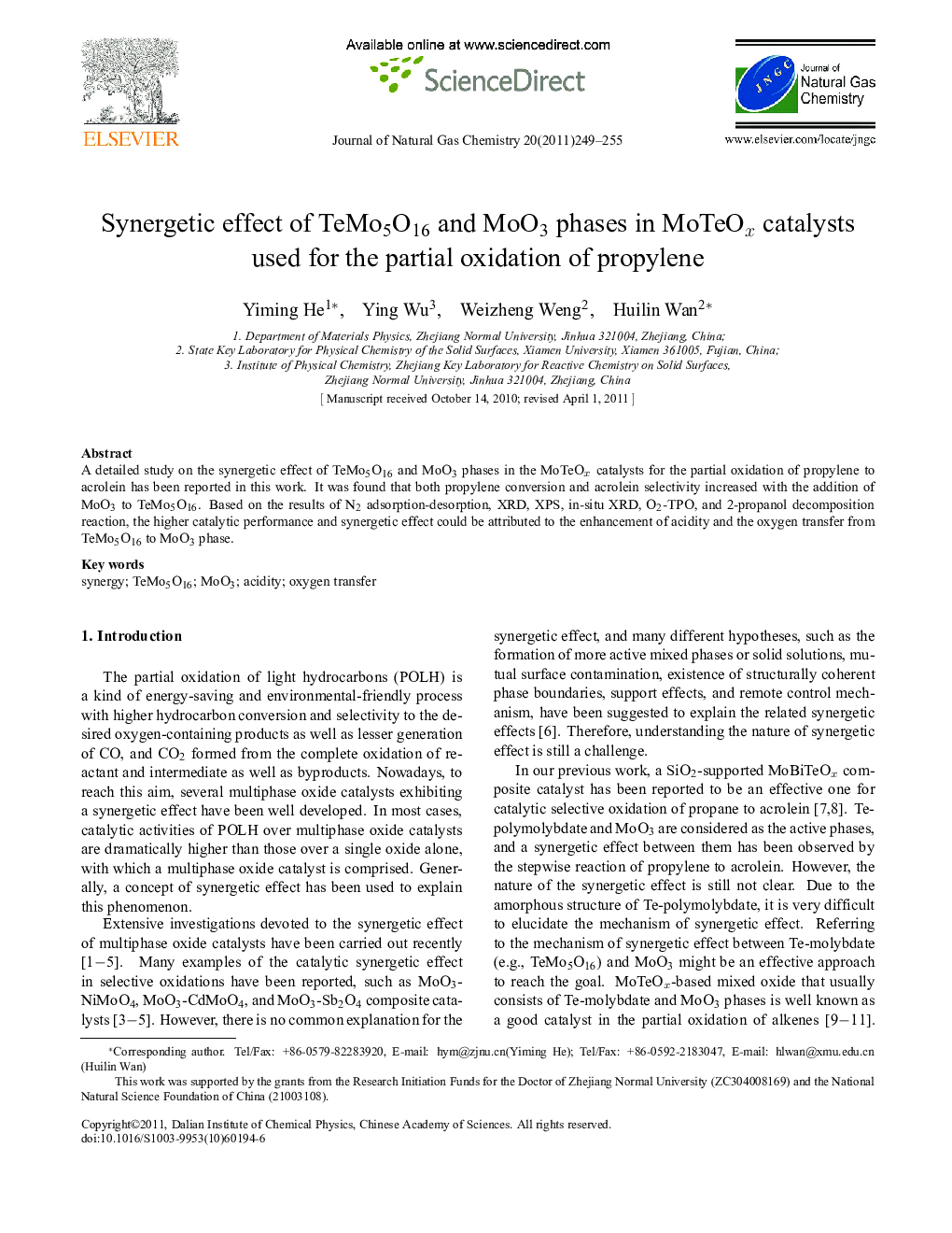 Synergetic effect of TeMo5O16 and MoO3 phases in MoTeOx catalysts used for the partial oxidation of propylene 