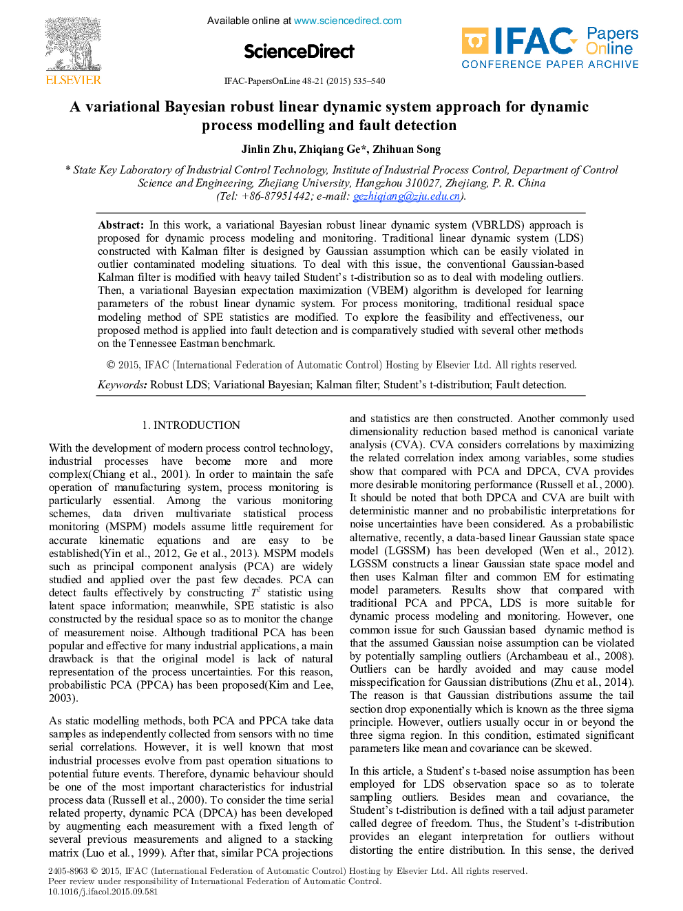 A variational Bayesian robust linear dynamic system approach for dynamic process modelling and fault detection