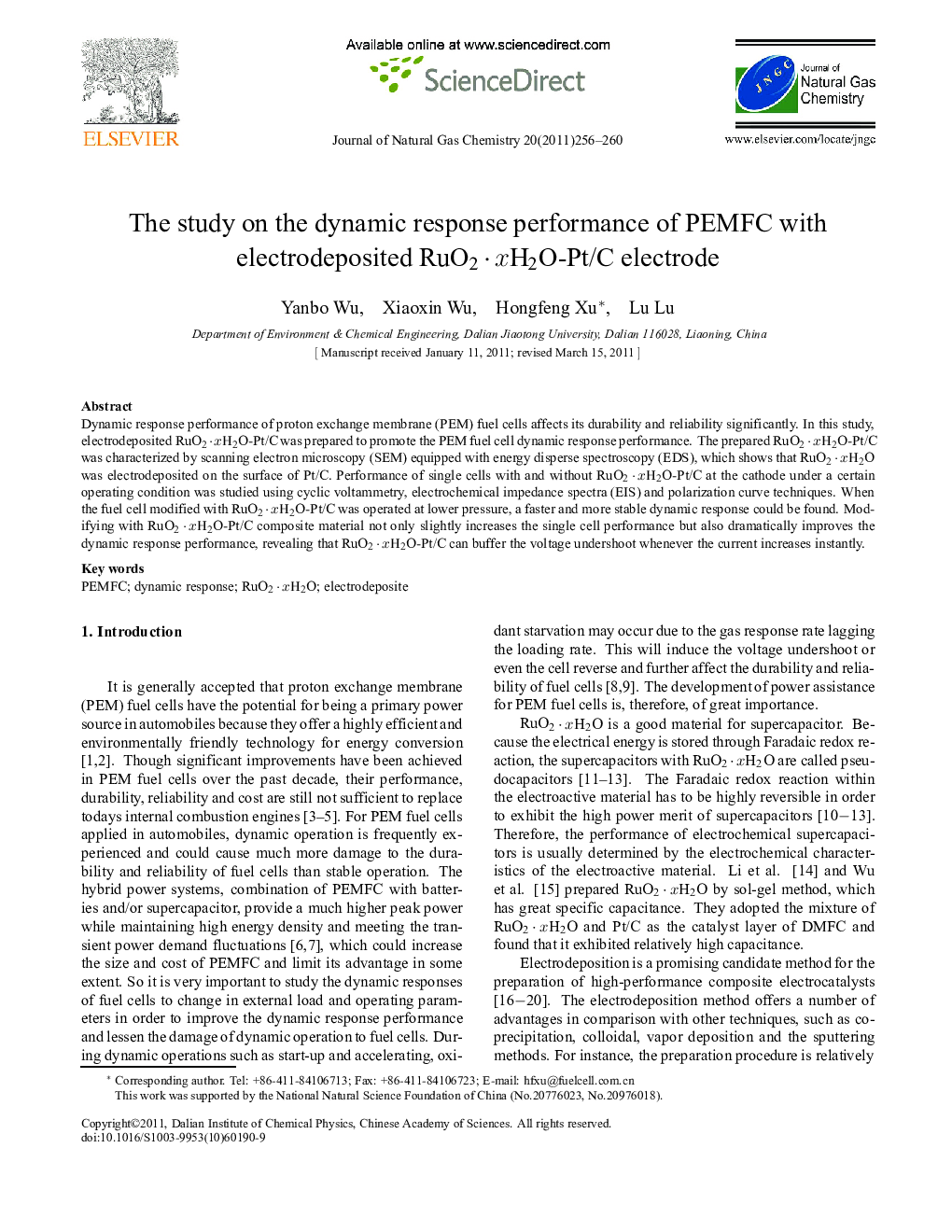 The study on the dynamic response performance of PEMFC with electrodeposited RuO2 · xH2O-Pt/C electrode 