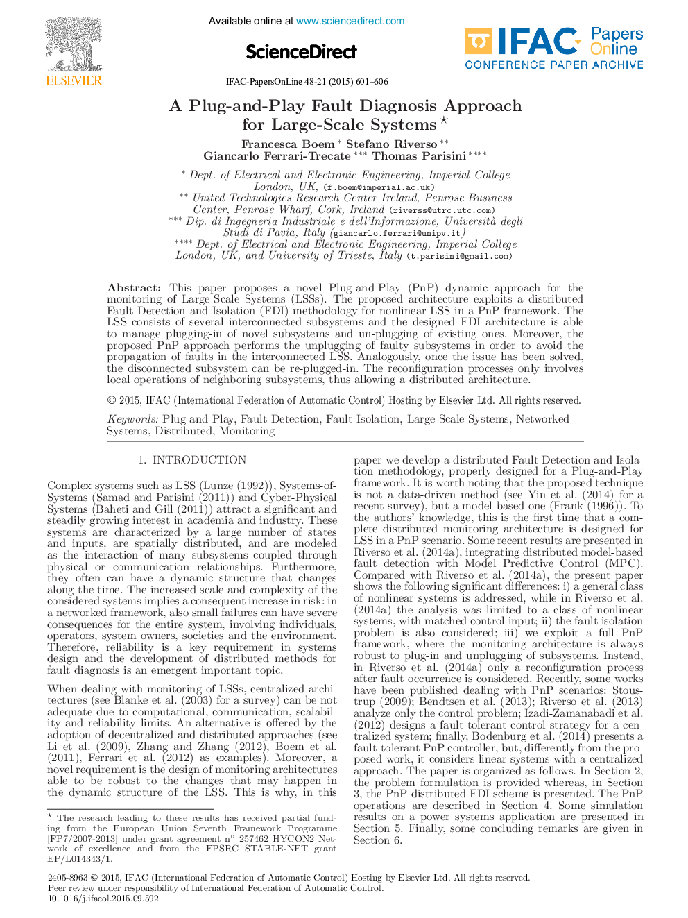 A Plug-and-Play Fault Diagnosis Approach for Large-Scale Systems★