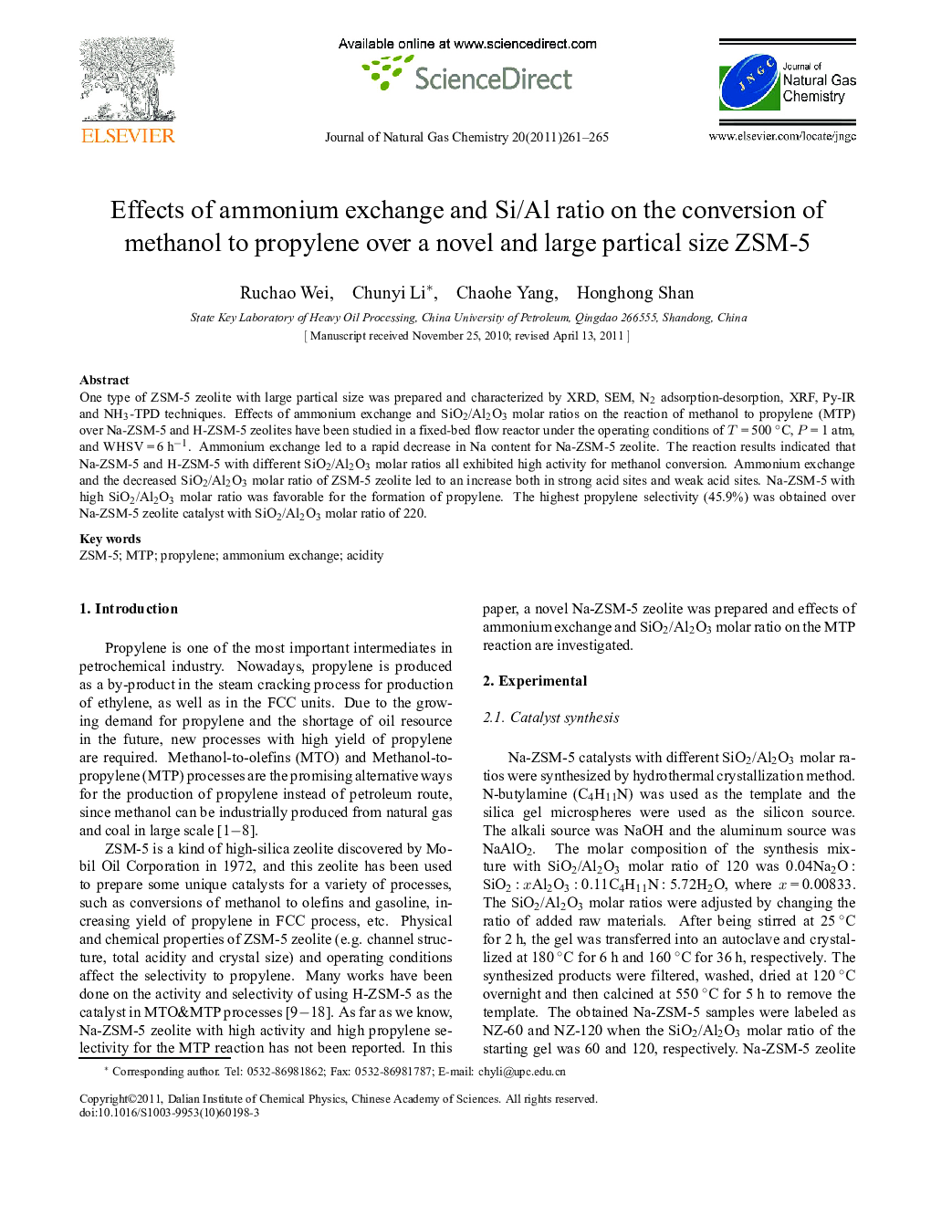 عکس صفحه اول مقاله: Effects of ammonium exchange and Si/Al ratio on the conversion of methanol to propylene over a novel and large partical size ZSM-5 Effects of ammonium exchange and Si/Al ratio on the conversion of methanol to propylene over a novel and large partical size ZSM-5