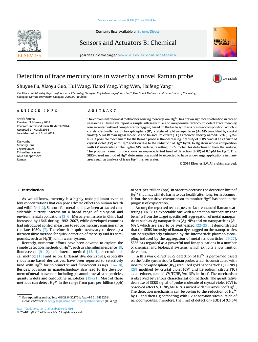 Detection of trace mercury ions in water by a novel Raman probe