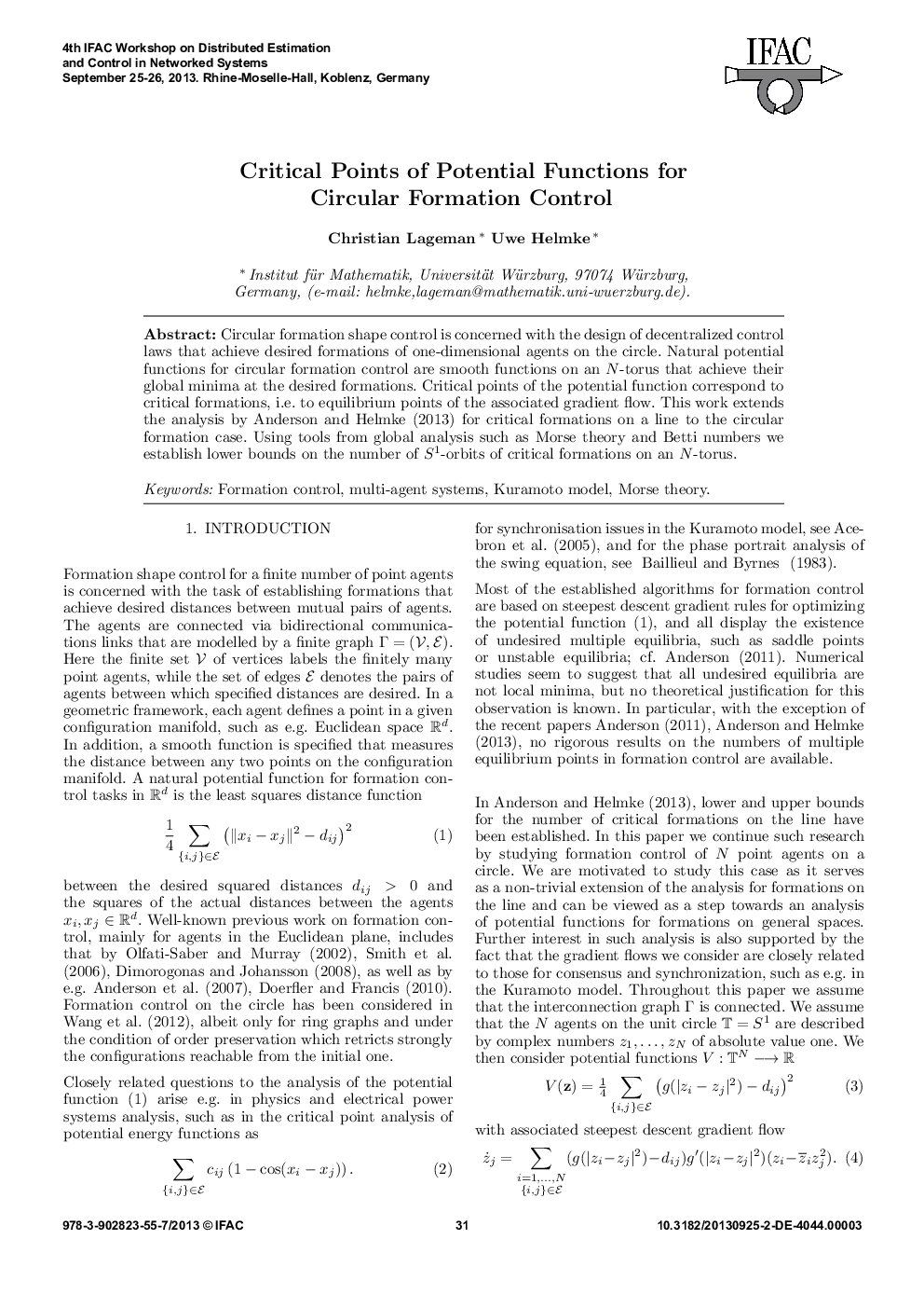 Critical Points of Potential Functions for Circular Formation Control