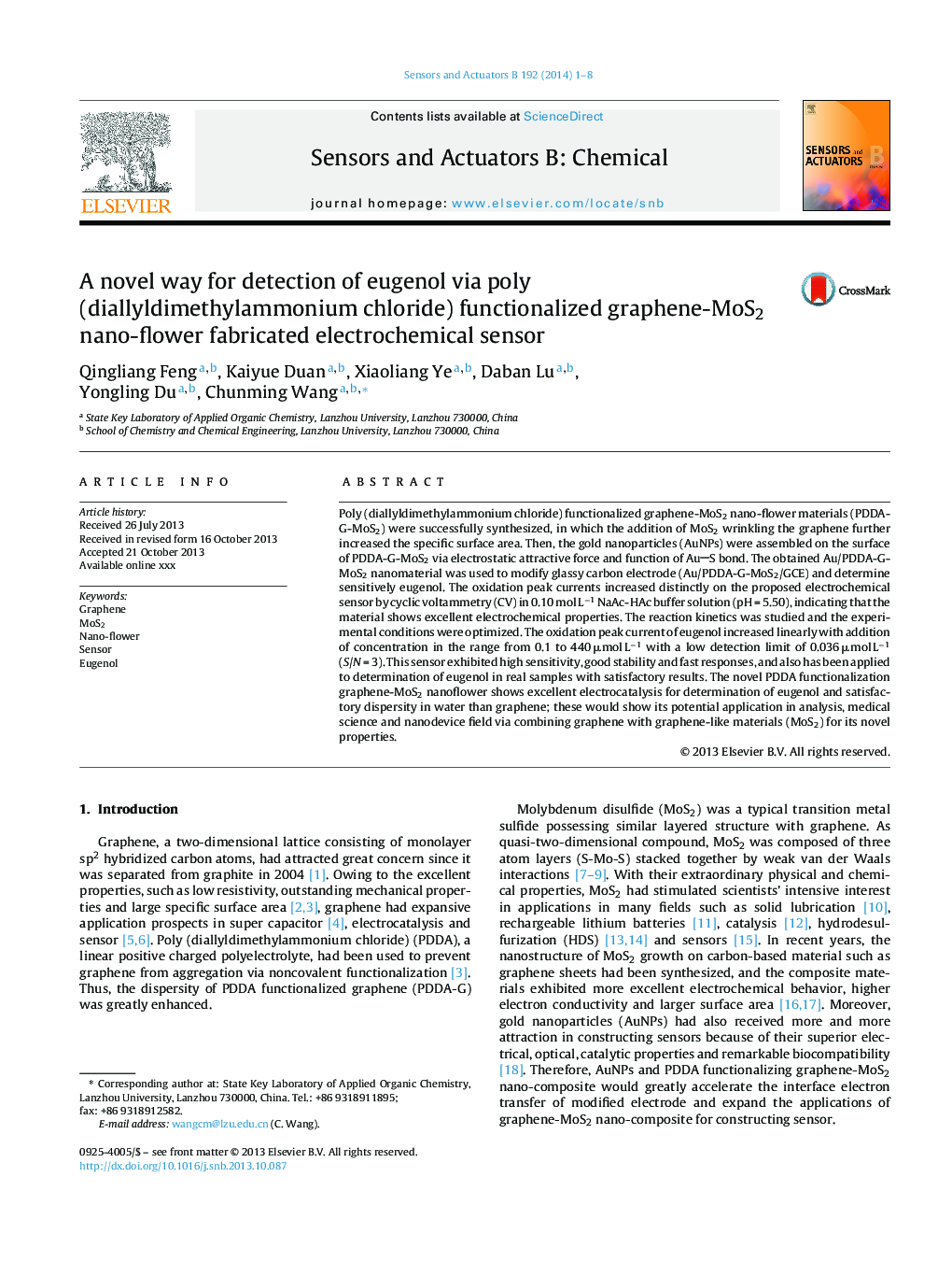 A novel way for detection of eugenol via poly (diallyldimethylammonium chloride) functionalized graphene-MoS2 nano-flower fabricated electrochemical sensor