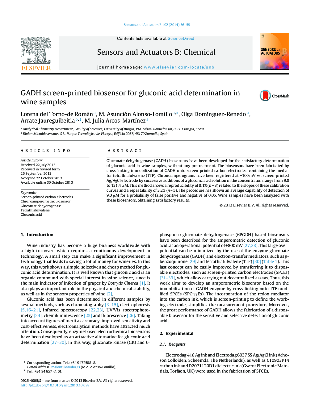 GADH screen-printed biosensor for gluconic acid determination in wine samples