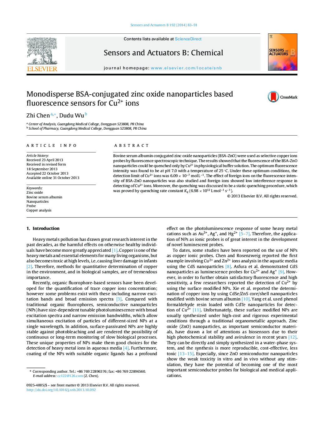 Monodisperse BSA-conjugated zinc oxide nanoparticles based fluorescence sensors for Cu2+ ions