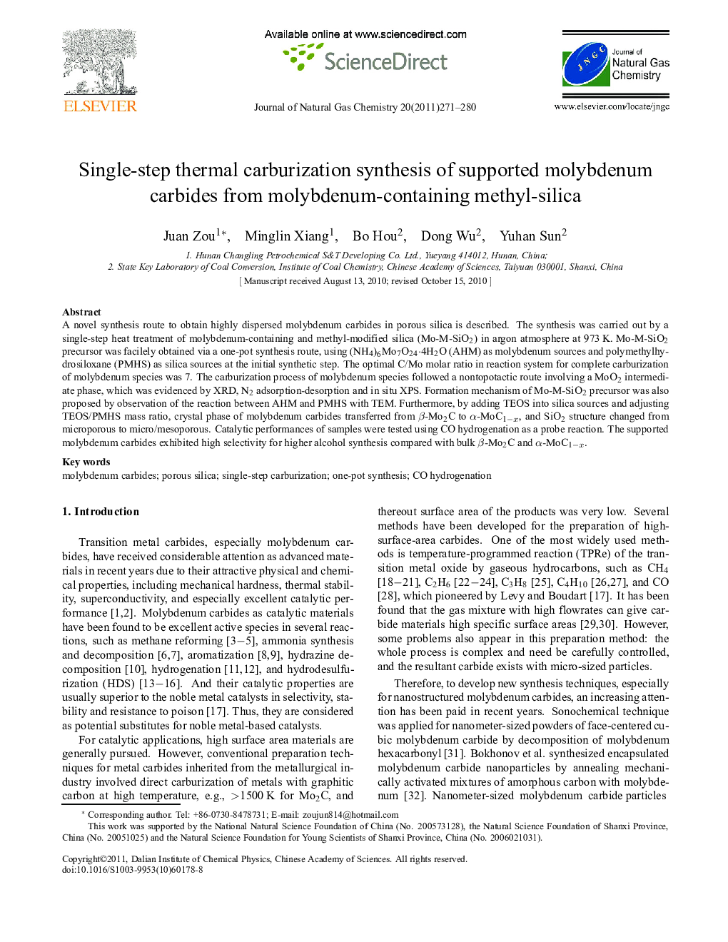 Single-step thermal carburization synthesis of supported molybdenum carbides from molybdenum-containing methyl-silica 