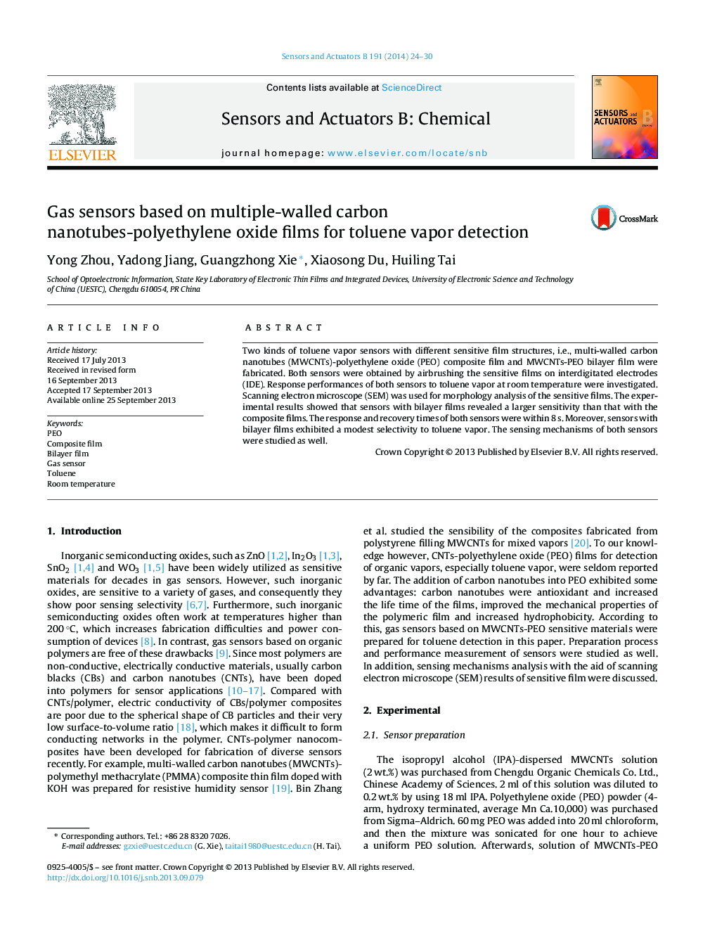 Gas sensors based on multiple-walled carbon nanotubes-polyethylene oxide films for toluene vapor detection