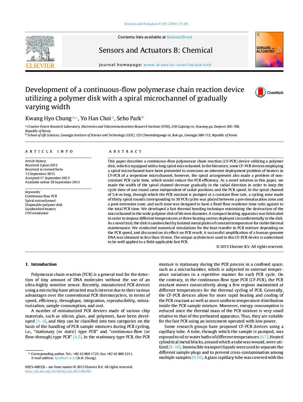 Development of a continuous-flow polymerase chain reaction device utilizing a polymer disk with a spiral microchannel of gradually varying width