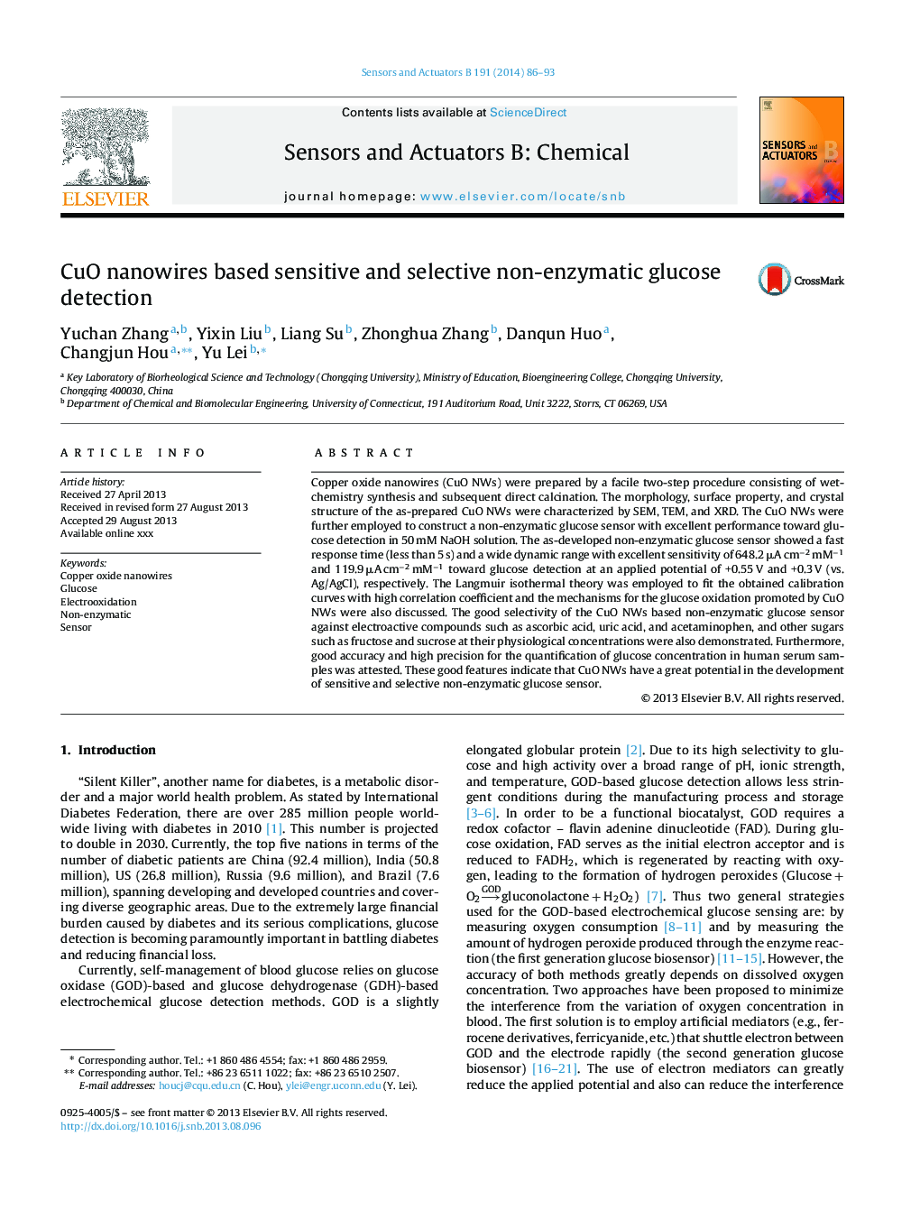 CuO nanowires based sensitive and selective non-enzymatic glucose detection