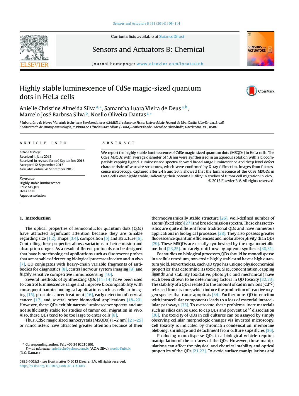 عکس صفحه اول مقاله: Highly stable luminescence of CdSe magic-sized quantum dots in HeLa cells Highly stable luminescence of CdSe magic-sized quantum dots in HeLa cells