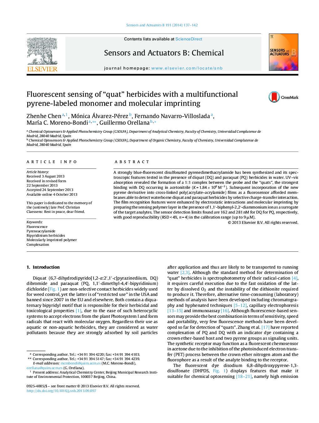 Fluorescent sensing of “quat” herbicides with a multifunctional pyrene-labeled monomer and molecular imprinting