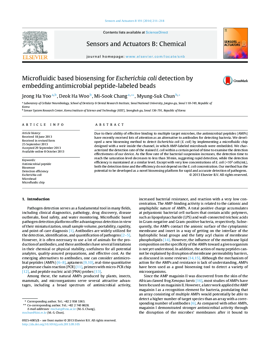 Microfluidic based biosensing for Escherichia coli detection by embedding antimicrobial peptide-labeled beads