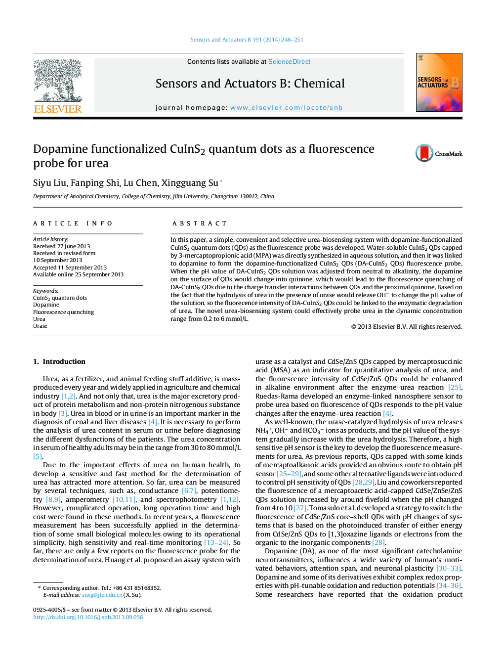 عکس صفحه اول مقاله: Dopamine functionalized CuInS2 quantum dots as a fluorescence probe for urea Dopamine functionalized CuInS2 quantum dots as a fluorescence probe for urea