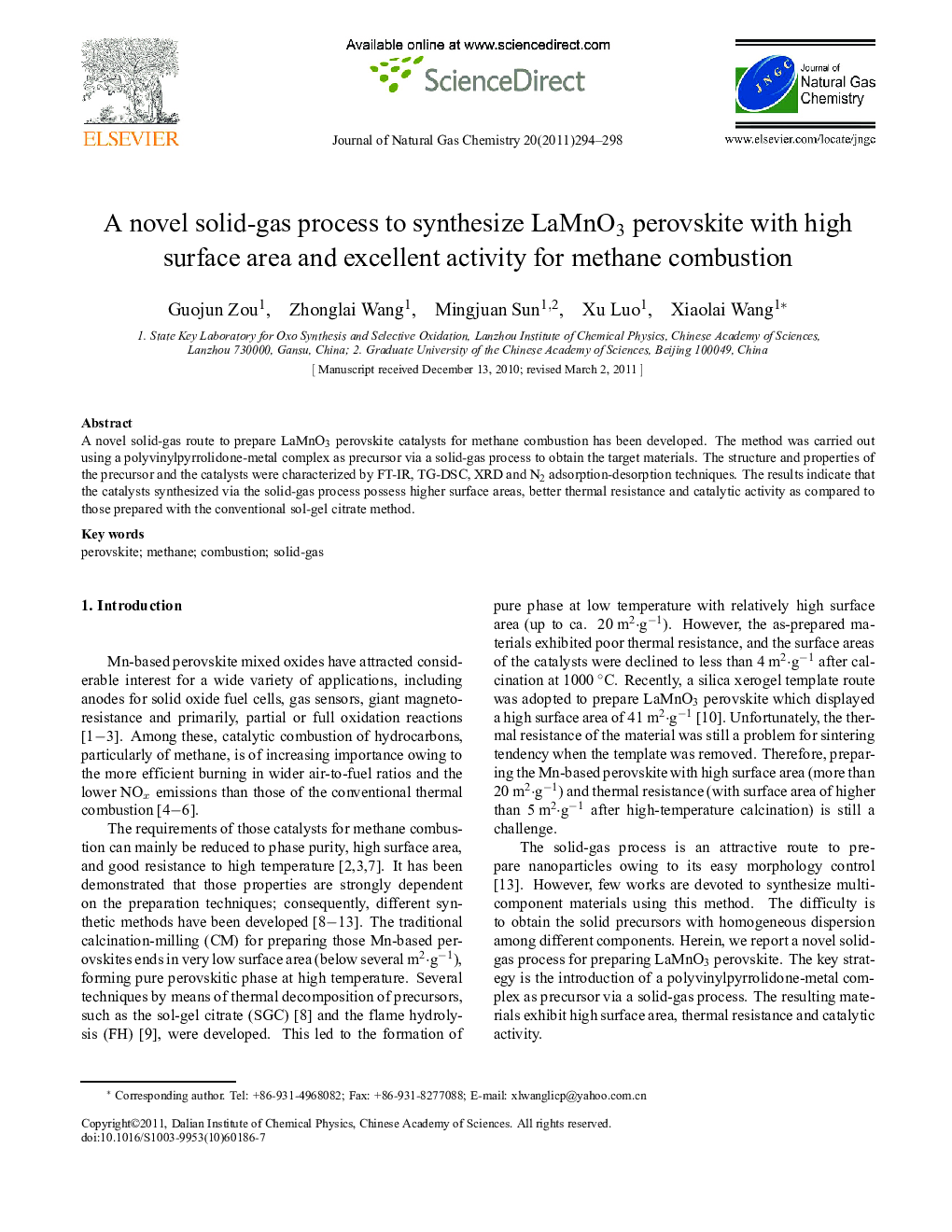 A novel solid-gas process to synthesize LaMnO3 perovskite with high surface area and excellent activity for methane combustion