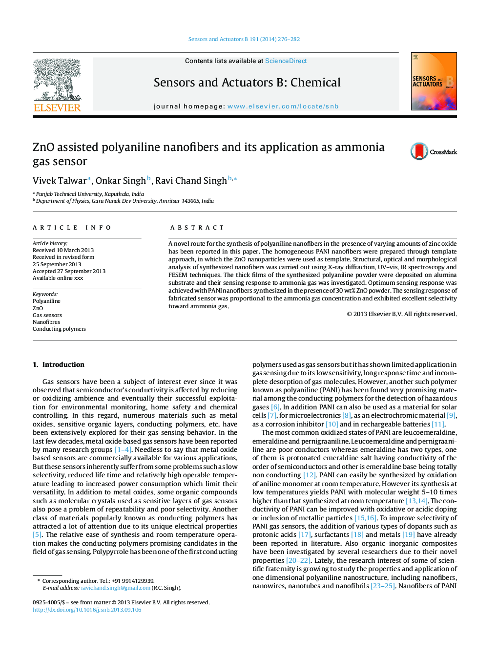 عکس صفحه اول مقاله: ZnO assisted polyaniline nanofibers and its application as ammonia gas sensor ZnO assisted polyaniline nanofibers and its application as ammonia gas sensor