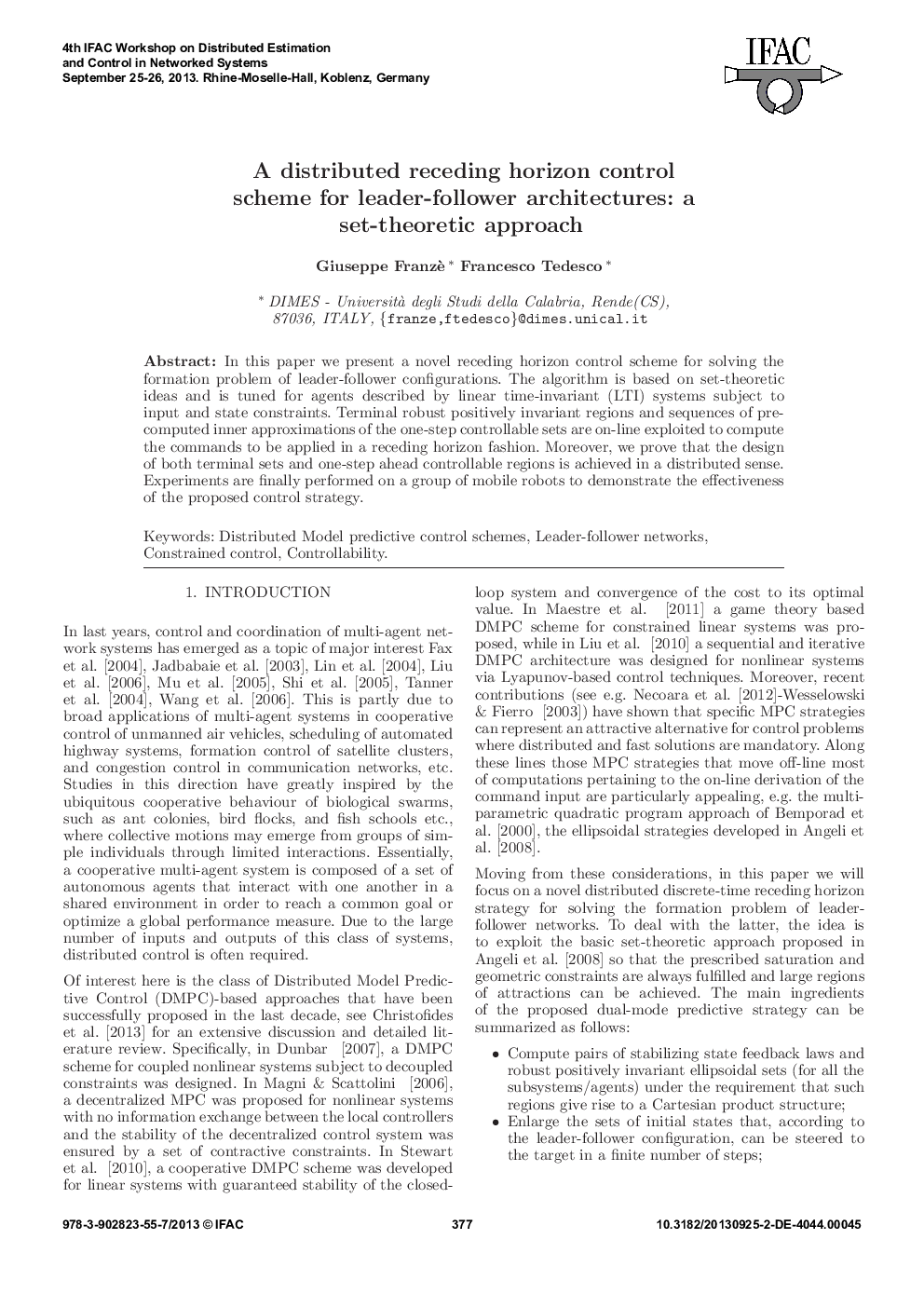 A distributed receding horizon control scheme for leader-follower architectures: a set-theoretic approach