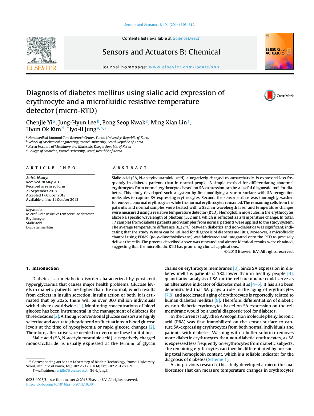 عکس صفحه اول مقاله: Diagnosis of diabetes mellitus using sialic acid expression of erythrocyte and a microfluidic resistive temperature detector (micro-RTD) Diagnosis of diabetes mellitus using sialic acid expression of erythrocyte and a microfluidic resistive temperature detector (micro-RTD)