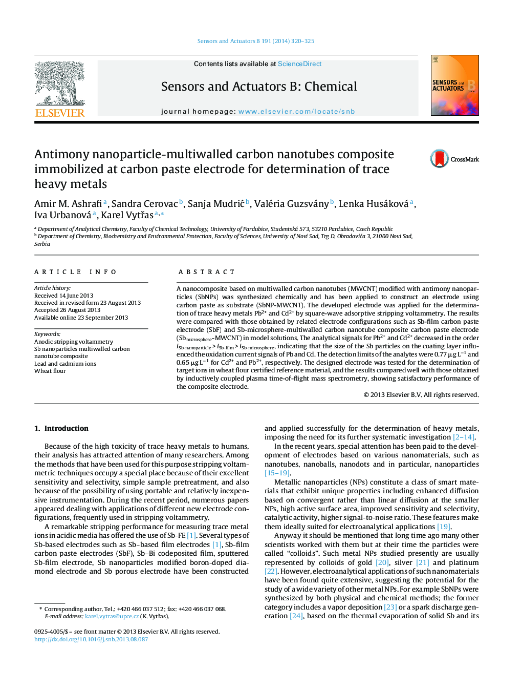 Antimony nanoparticle-multiwalled carbon nanotubes composite immobilized at carbon paste electrode for determination of trace heavy metals